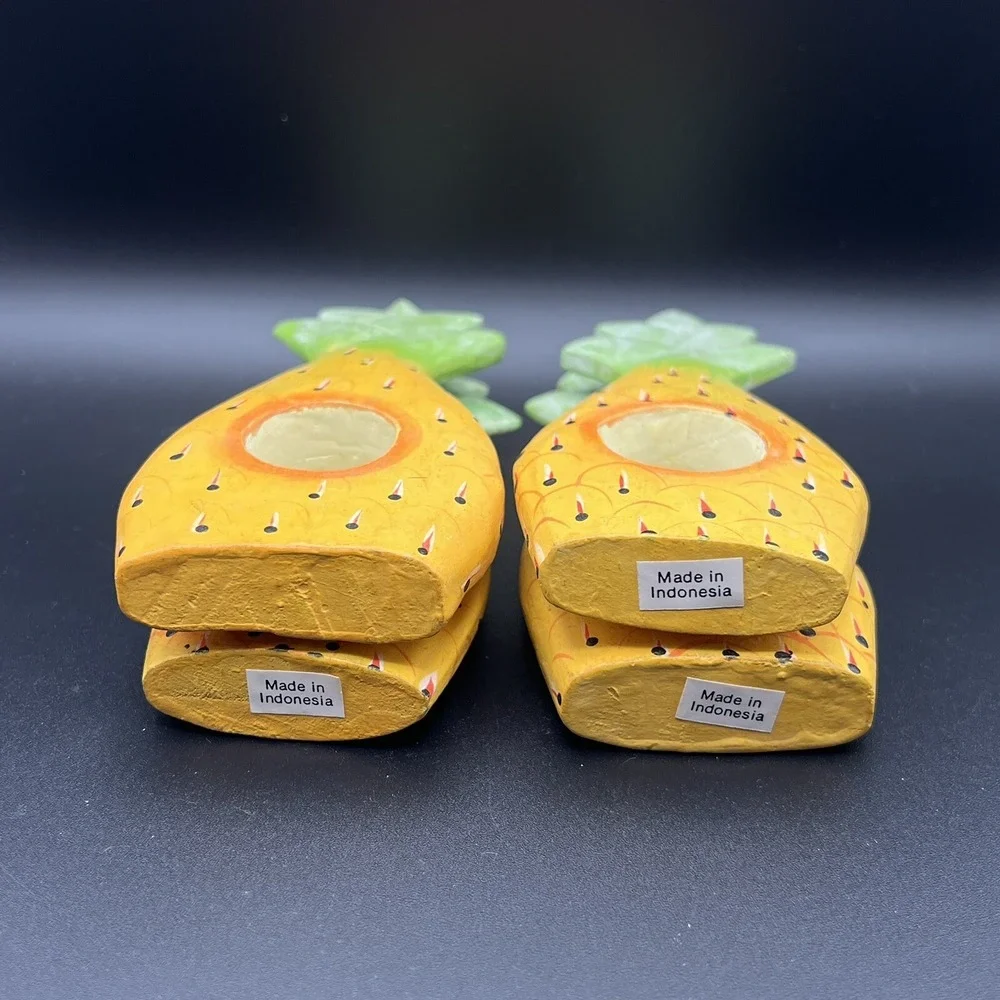 Pineapple & Banana Leaf Wood Napkin Rings Hand-Painted Set of 7 ~ Indonesia